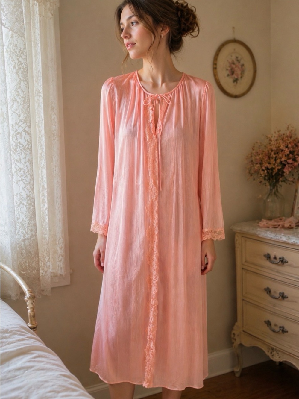 Kayser Peach Nylon Robe Vintage Lace Button Front Women's Medium Romantic Granny